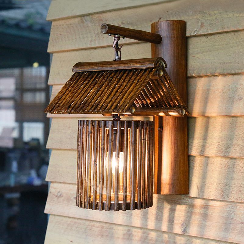 Bruin/houten huisvormige muurlicht SCONCE LODE Stijlvol 1 lichte bamboe sconce lamp voor balkon