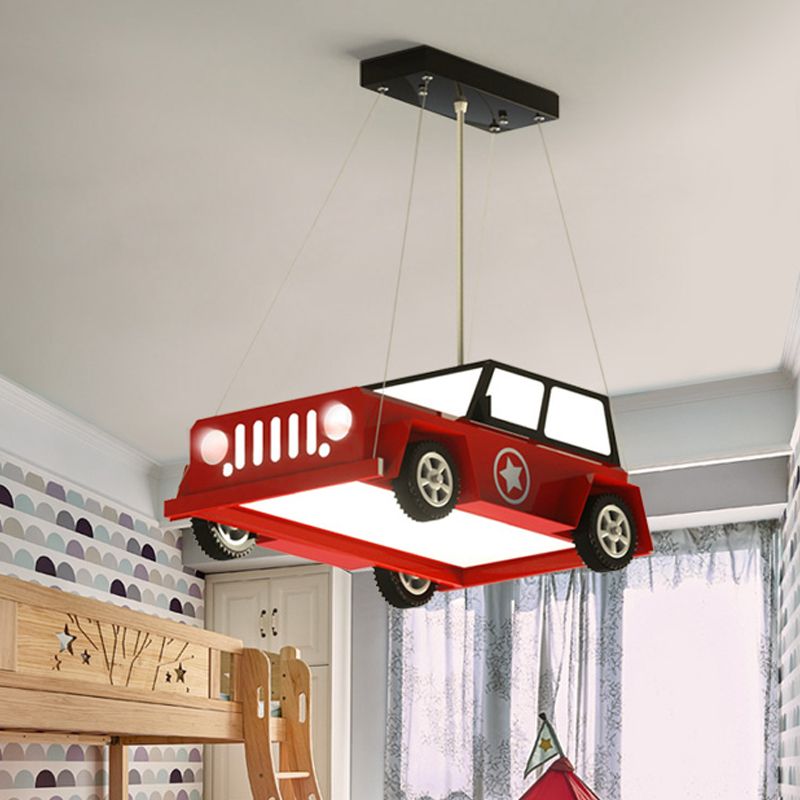 LED Boys Bedroom Ceiling Chandelier Cartoon White Pendant Light with Car Acrylic Shade in Warm/White Light