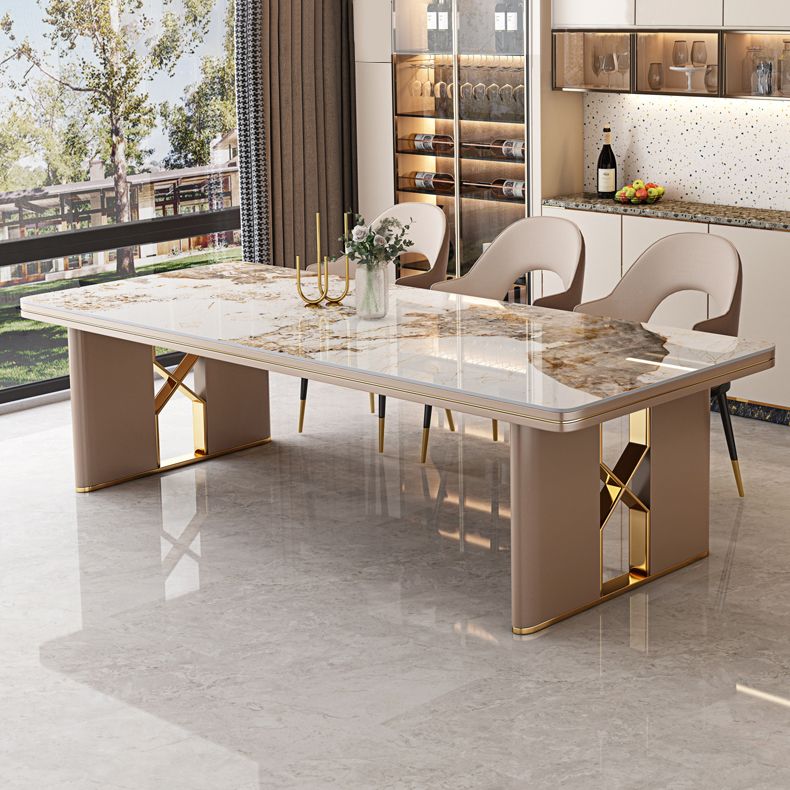 Luxury Sintered Stone Top Dining Table in White Rectangle Table with Double Pedestal