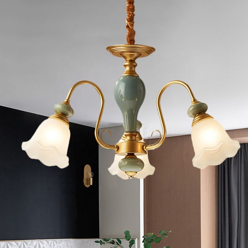 Green Flower Shaped Pendulum Light Rural Frosted Glass 3/5/6 Bulbs Guest Room Chandelier Lighting Fixture