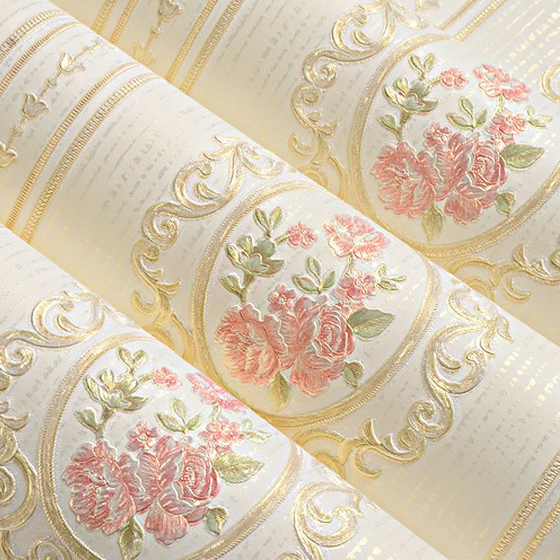 Unpasted Wallpaper Roll Rustic Non-Woven Wall Decor with Stripe and Peony Pattern, 57.1-sq ft