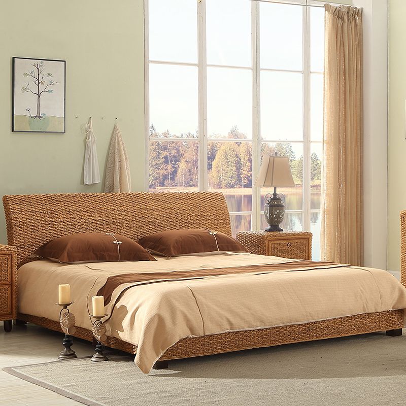 Tropical Rattan Standard Bed with Headboard Bed and Beech Legs