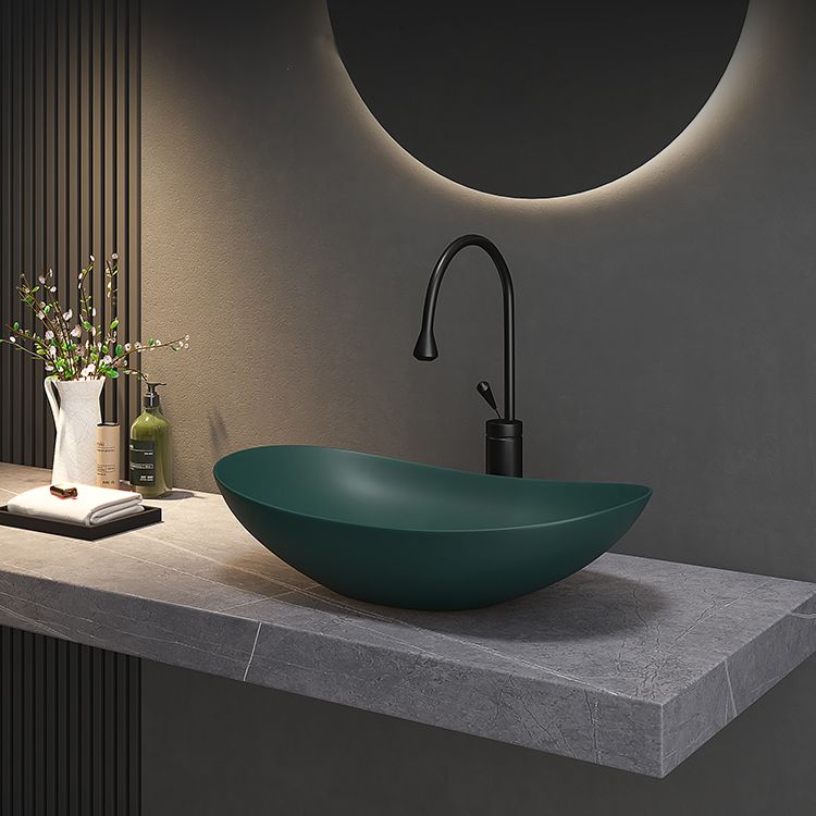 Contemporary Bathroom Sink Porcelain Oval-Shape Vessel Lavatory Sink with Pop-Up Drain