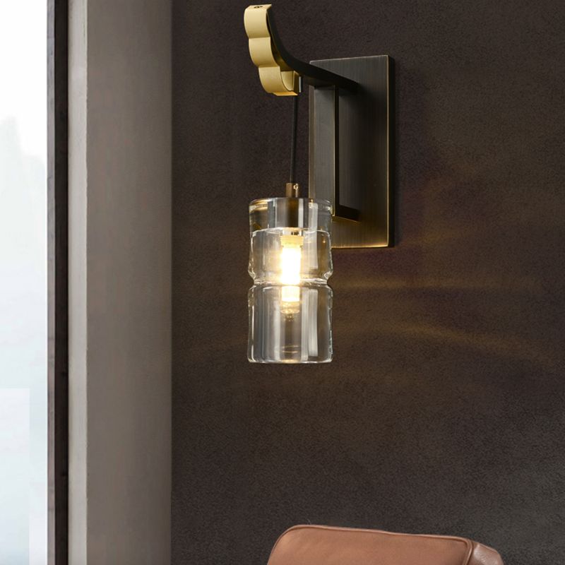 Modern Metal Wall Sconce Cylinder Shape Wall Light with Crystal Shade for Bedroom