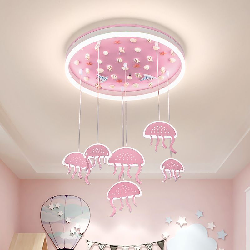 Kids Halo Ring Acrylic Flush Light LED Ceiling Mounted Lighting in Pink with Jellyfish Pendant and Seashell Decor