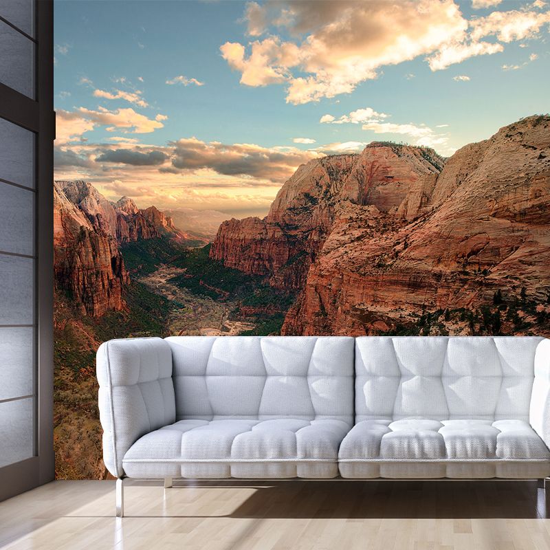 Big Zion National Park Mural Moisture Resistant Modernist Bedroom Wall Decor in Blue-Brown