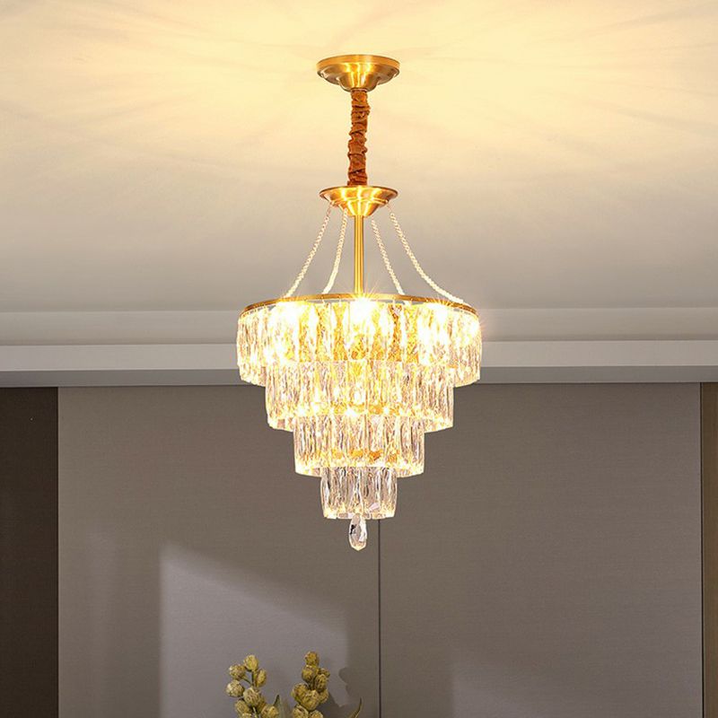 Minimalistische luxuriöse konische Suspension Lichtkristall 6 Lichter Schlafzimmer Kronleuchter in Gold
