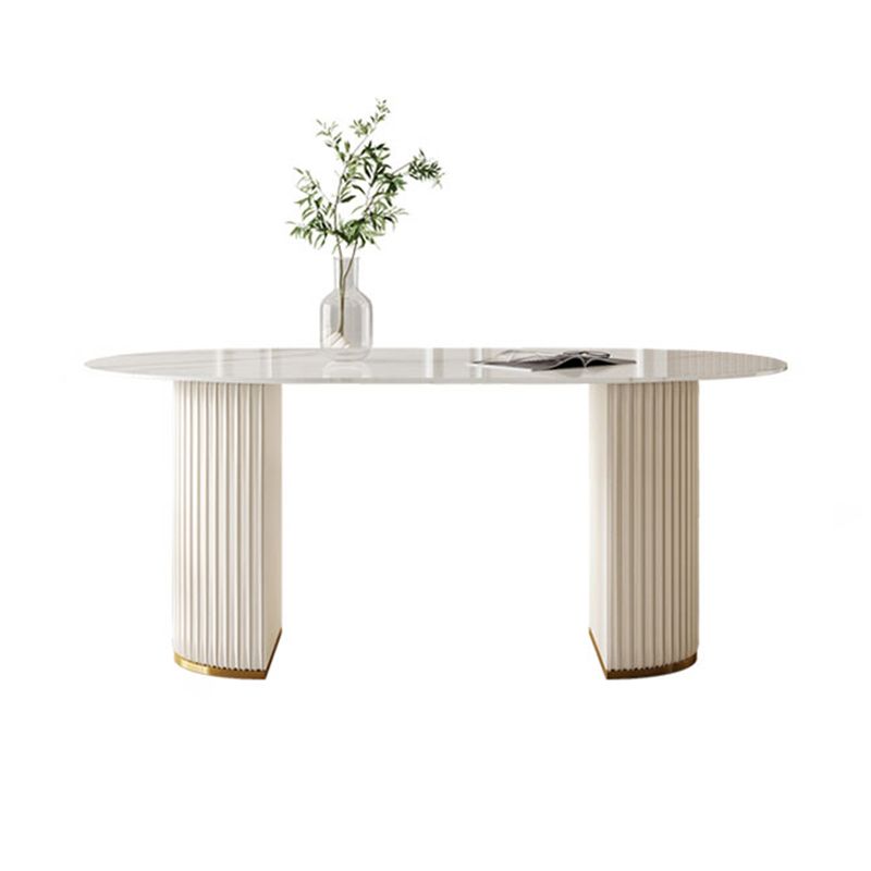 Mesa de comedor de lujo tradicional mesa de piedra sinterizada blanca ovalada con base de doble pedestal