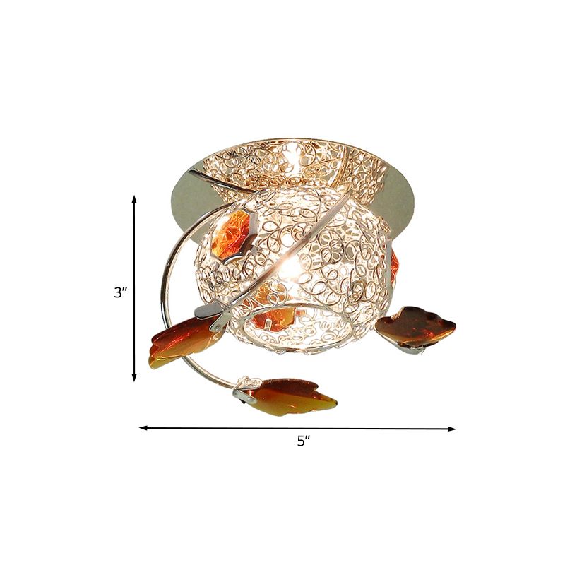 Leaf Corridor Flushmount Light Modernism Faceted Tan Crystal 1 Light Lighting Fixture with Globe Cage Shade