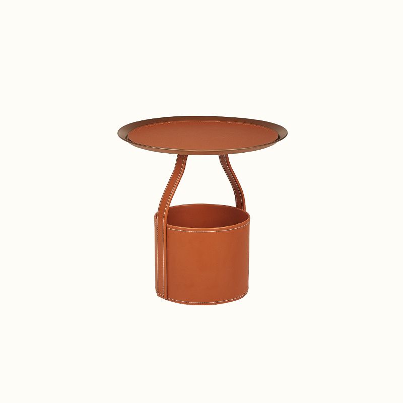 Contemporary Round Side End Table Leather Pedestal End Table