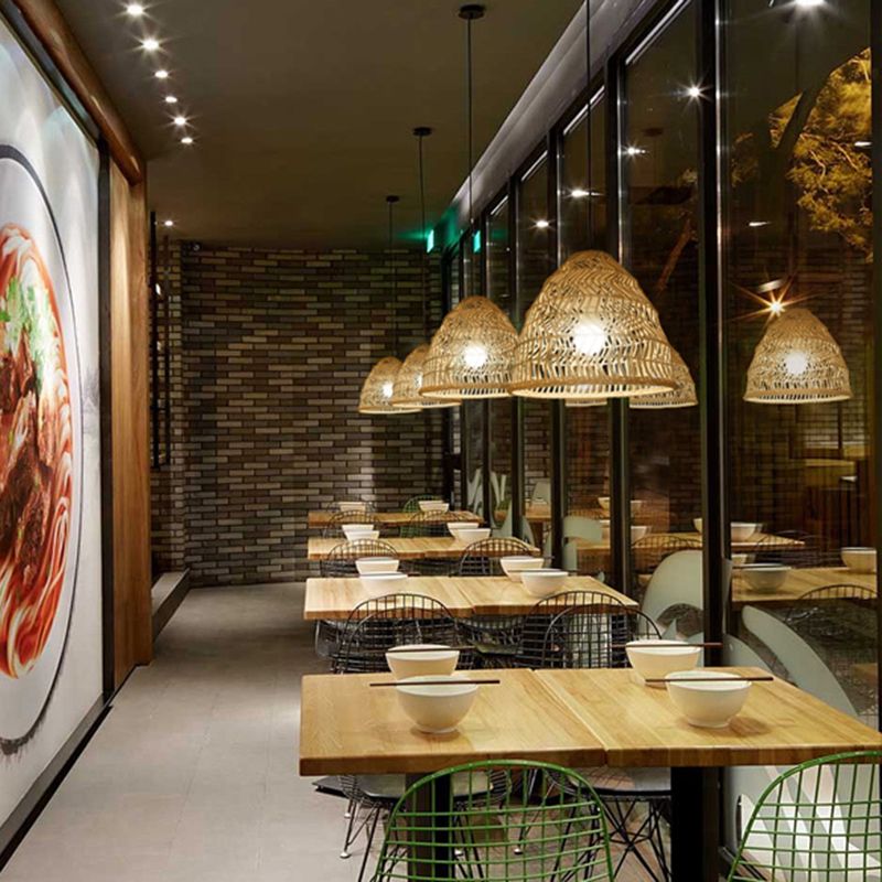 Handcrafted Rattan Suspension Light Simplicity 1-Light Wood Pendant Light Fixture for Restaurant
