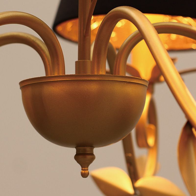 5 Lights Cone Pendant Lighting Vintage Black Fabric Hanging Chandelier for Dining Room