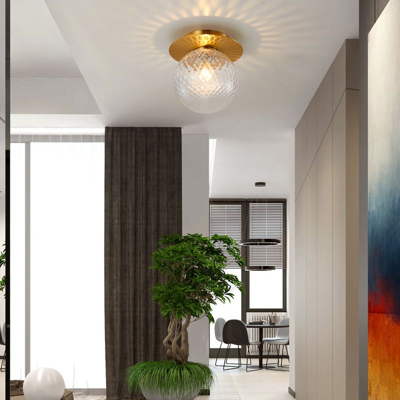 Modern Concise Indoor Flush Mount Copper Globe Ceiling Fixture with Ripple Glass Shade