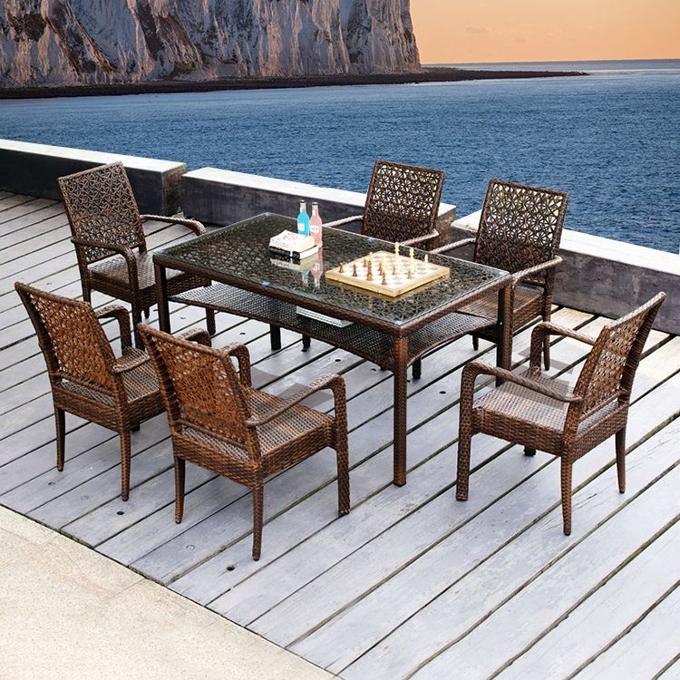 Contemporary Glass Top Dining Table Set 1/2/5/7 Pcs Brown Wicker Dining Set