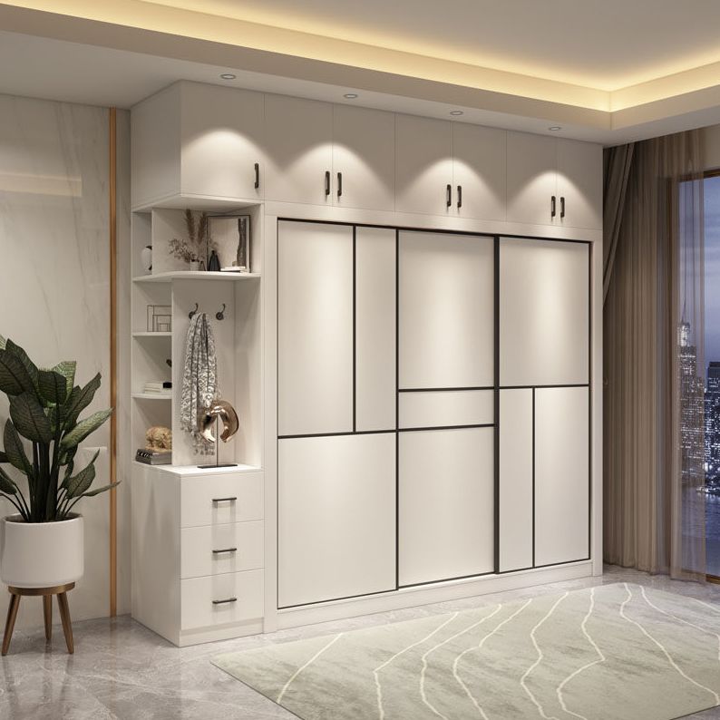 Sliding White Wardrobe Armoire Engineered Wood Wardrobe Cabinet