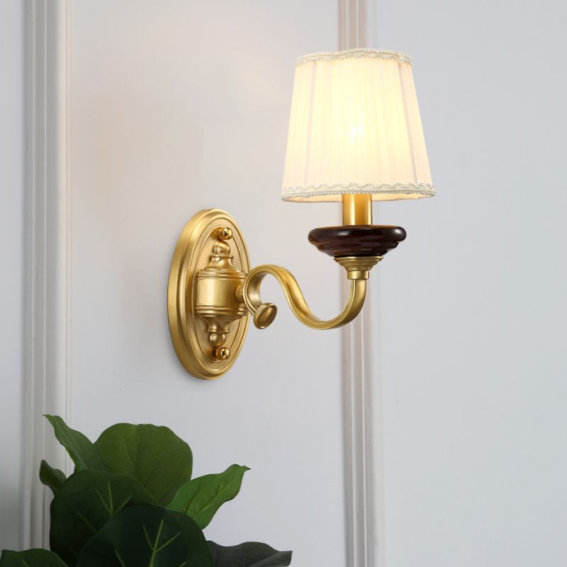 1/2-Bulb Fabric Wall Mounted Lamp Traditional Brass Finish Tapered Wall Light Sconce for Dining Room