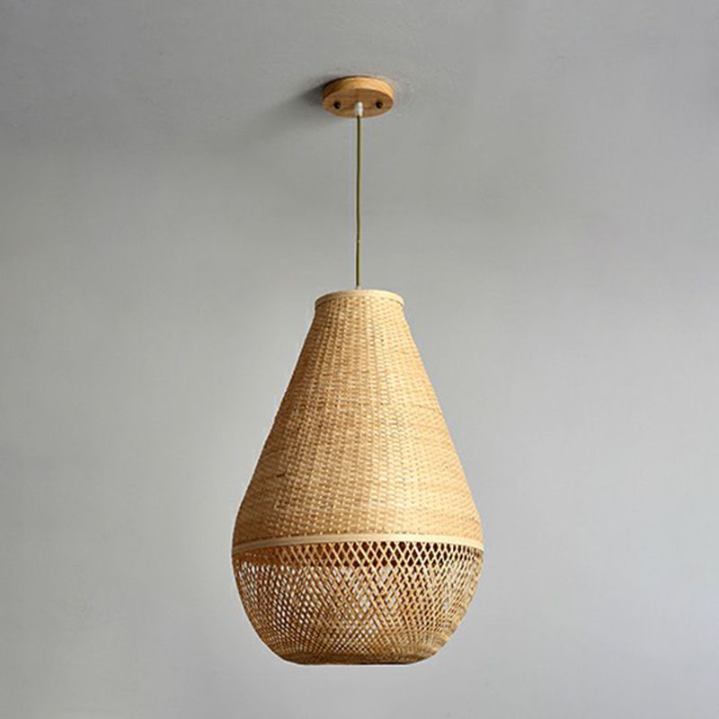 Bamboo Woven Droplet Shaped Pendant Simplicity 1-Bulb Beige Hanging Light over Table