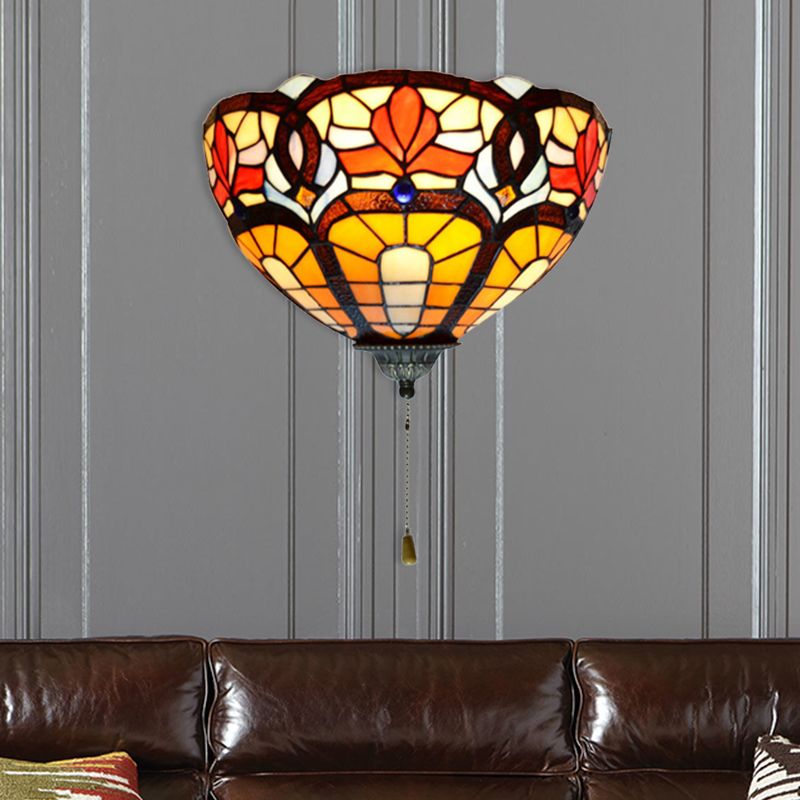 Stained Glass Bowl Wall Lamp with Flower Pattern and Pull Chain 1 Light Victorian Wall Sconce