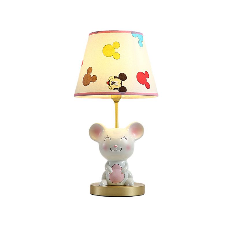 Kids Smiling Mouse Night Lamp Resin 1 Bulb Child Room Table Light with Fabric Shade in Pink/Blue