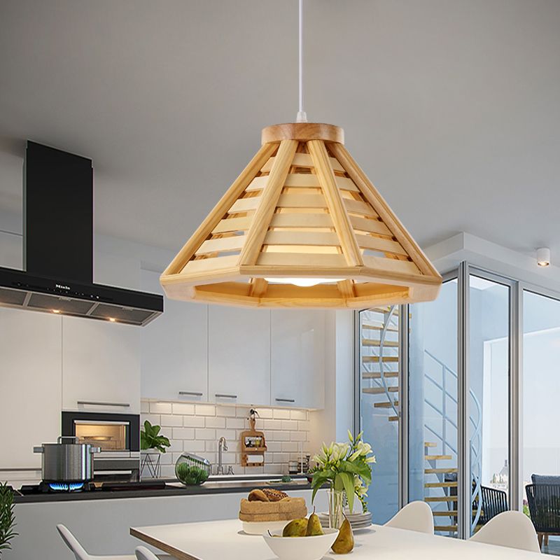 Pyramid Shape Hanging Lighting Modern Style Wood 1 Light Pendant Lamp for Dining Room