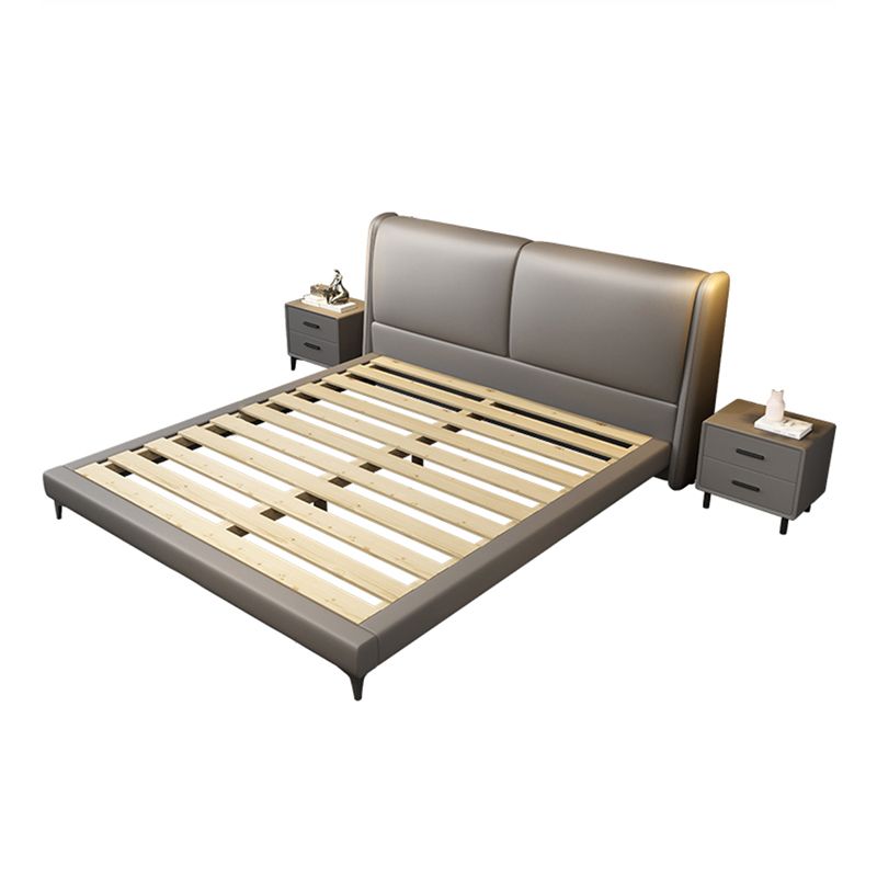 Contemporary Wooden Bed Frame Dark Grey Genuine Leather Standard Bed