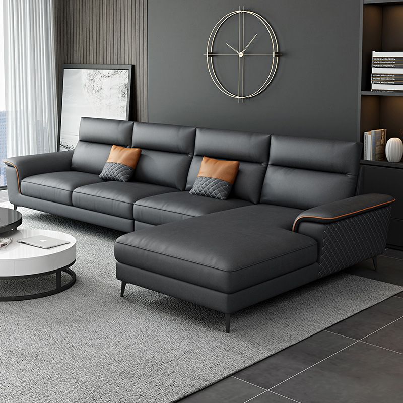 Modern Pillowed Back Faux Leather Sectionals,4-Cushion Sectional sofa, , Dark Grey
