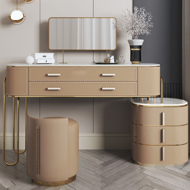 Mirrored Makeup Dressing Table Luxurious Stone Top Stool Set in Brown