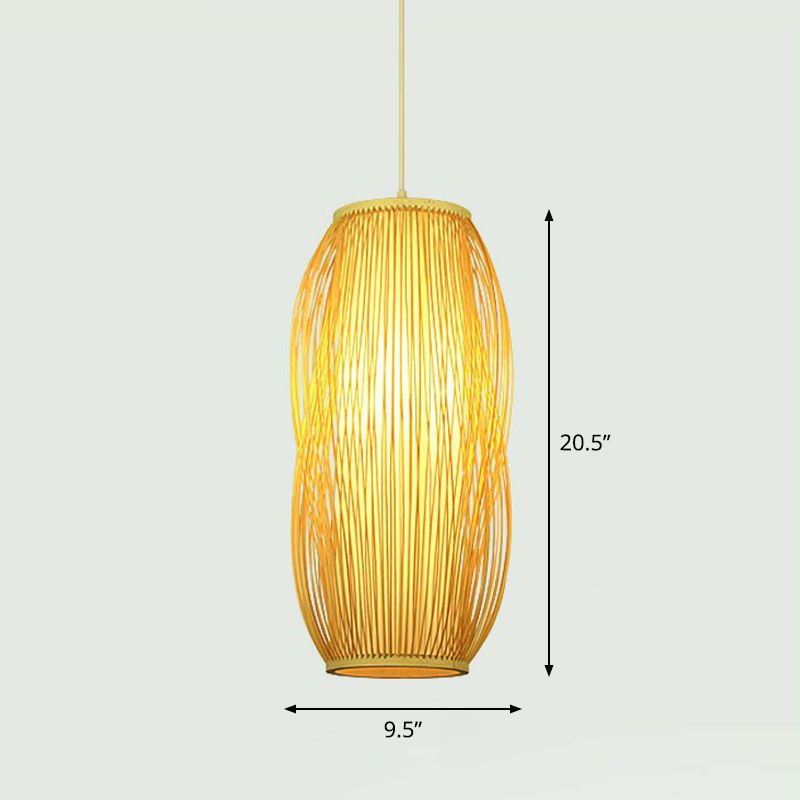 Handcrafted Ceiling Light Chinese Style Bamboo Single Restaurant Hanging Pendant Light in Wood