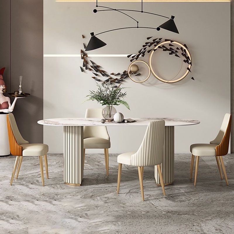 Oval Double Pedestal Modern Dining Table Sintered Stone Fixed Table for Kitchen