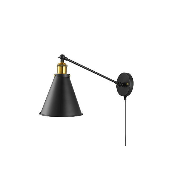 Cone de cono rotativo enchufe en una lámpara de apliques con cable enchufable estilo industrial de 1 cabezal luz de pared de dormitorio en negro