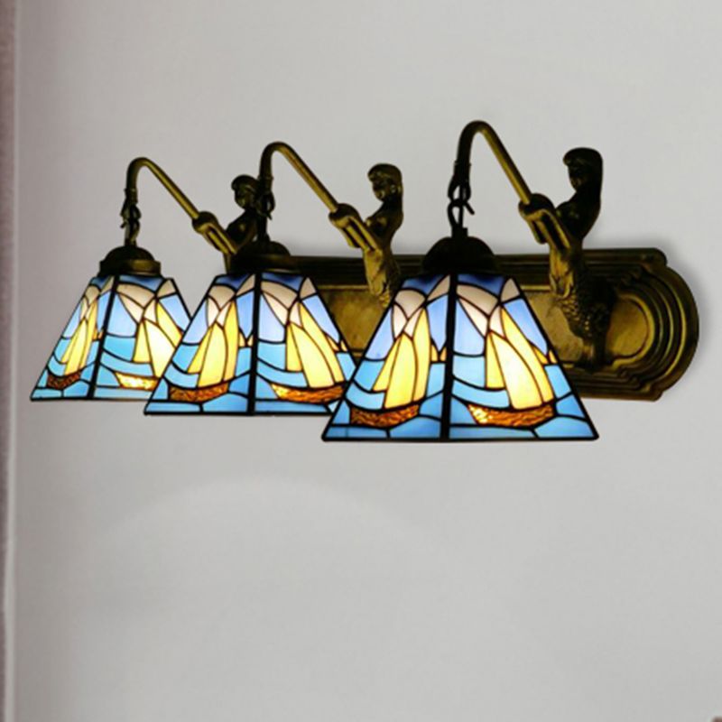 3 Heads Sailboat Sconce Light Fixture Mediterranean Blue Glass Wall Mounted Light