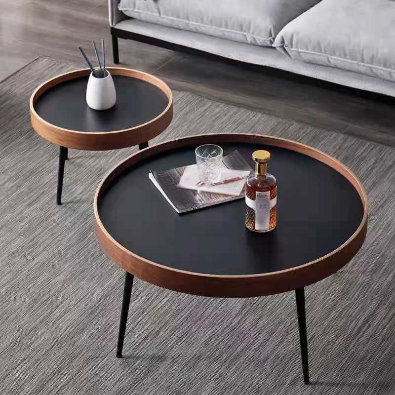 Round Brown/Black Wood Coffee Table 3 Legs Base 2 Nestling Cocktail Table