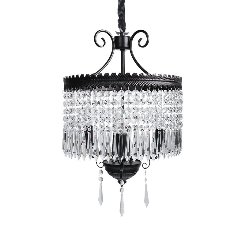 Suspension de brin en cristal clair avec modernisme à tambour modernisme 3 lumières lampe de lustre en noir