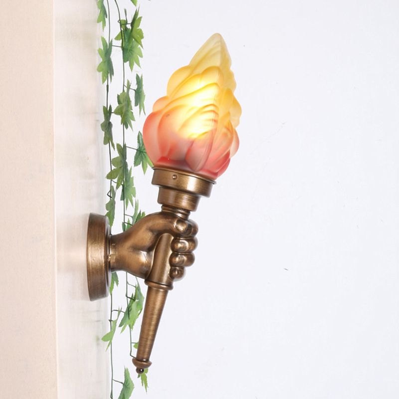 Torch Wall Mount Light Rustic Glass Shade 1 Light Sconce Lighting in Bronze for Foyer