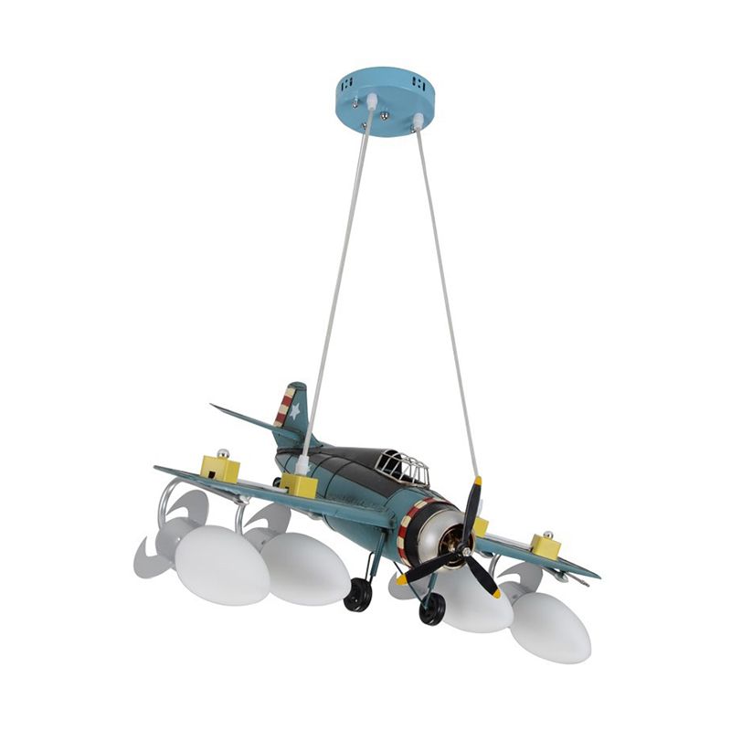 Cream Glass Bullet Chandelier Lamp with Aircraft Design Cartoon 4-Light Green Pendant Lighting