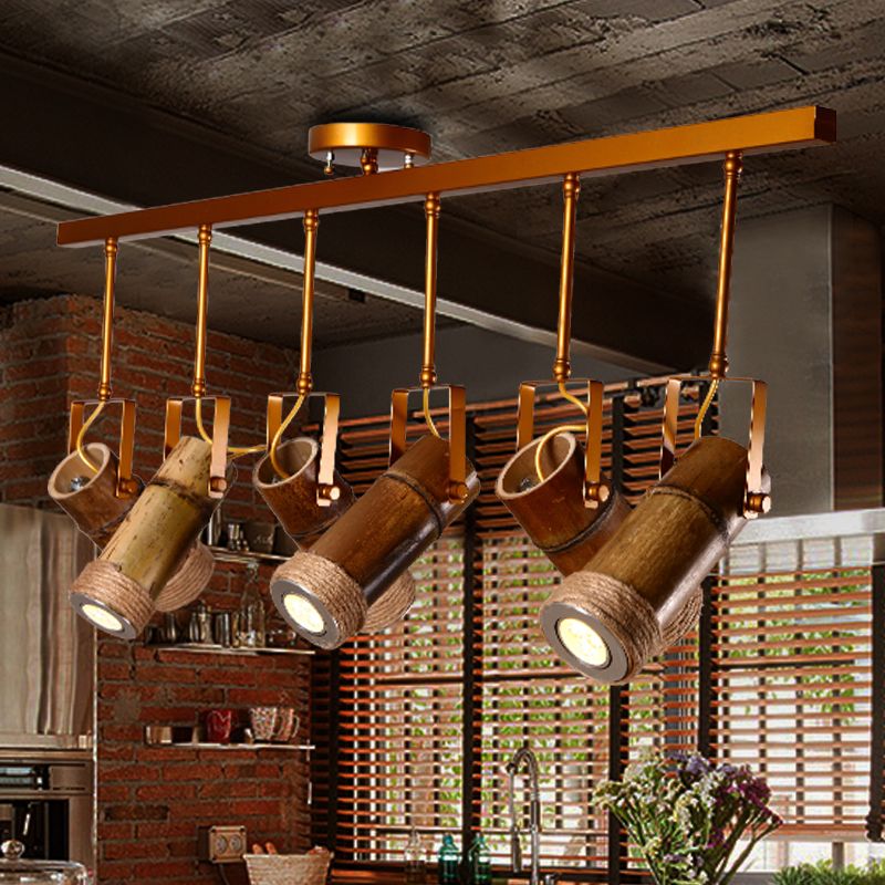 3/6 Bulbs Bamboo Tube Island Pendant Factory Brown Iron Suspension Lighting with Natural Hemp Rope