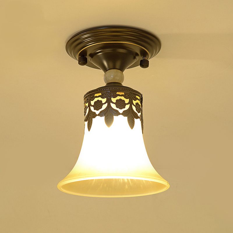 Abat-jour évasé en verre beige, plafonnier semi-encastré vintage à 1 ampoule pour couloir, noir