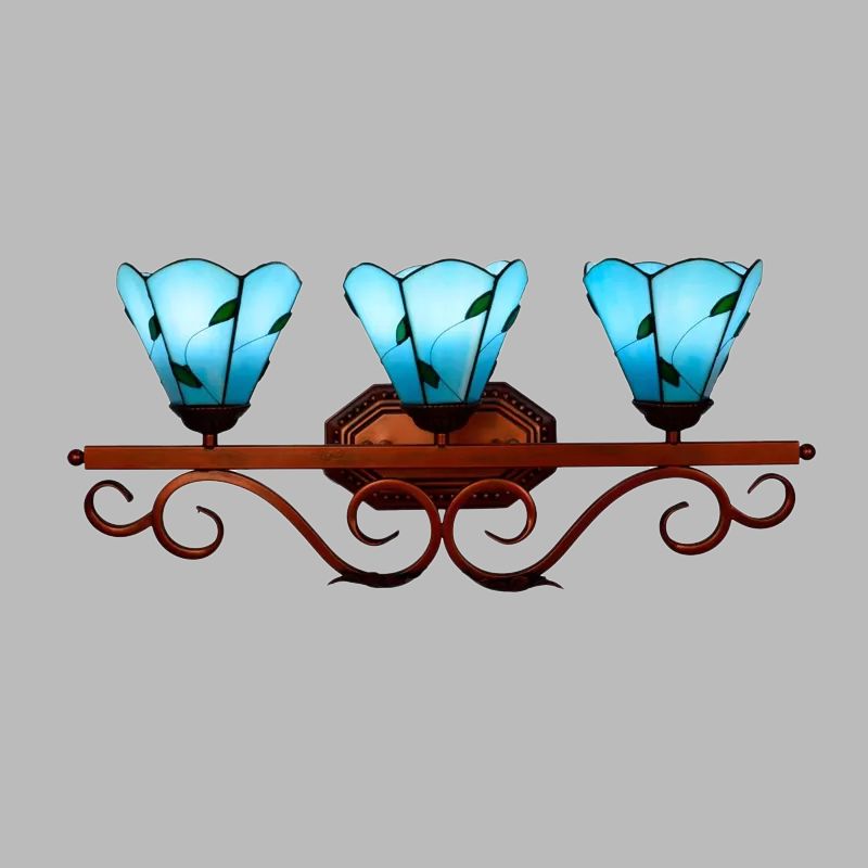 Copper 3 Bulbs Vanity Lamp Tiffany Blue Paneled Glass Flower Sconce Light Fixture