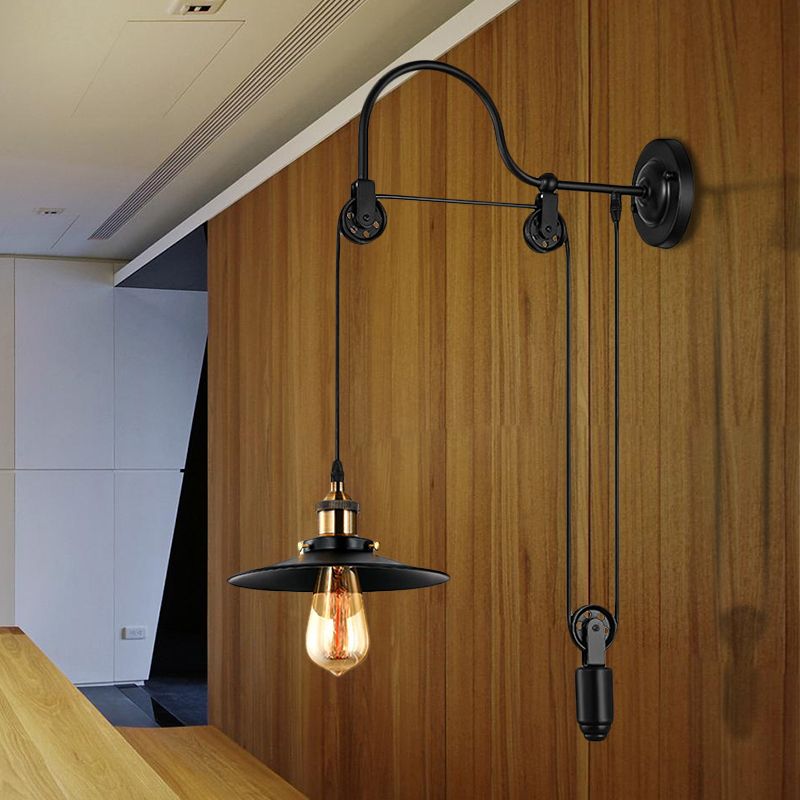 1 Bulb Flat Wall Mounted Lamp Industrial Style Black Metallic Adjustable Wall Lighting Fixture with Pulley Design