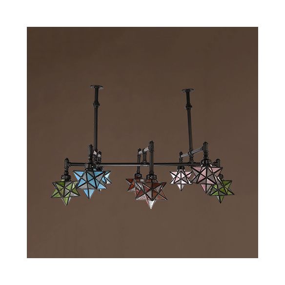 8 Lights Star Pendant Lighting with Star Shape and Hanging Rod Stained Glass Rustic Dining Room Chandelier