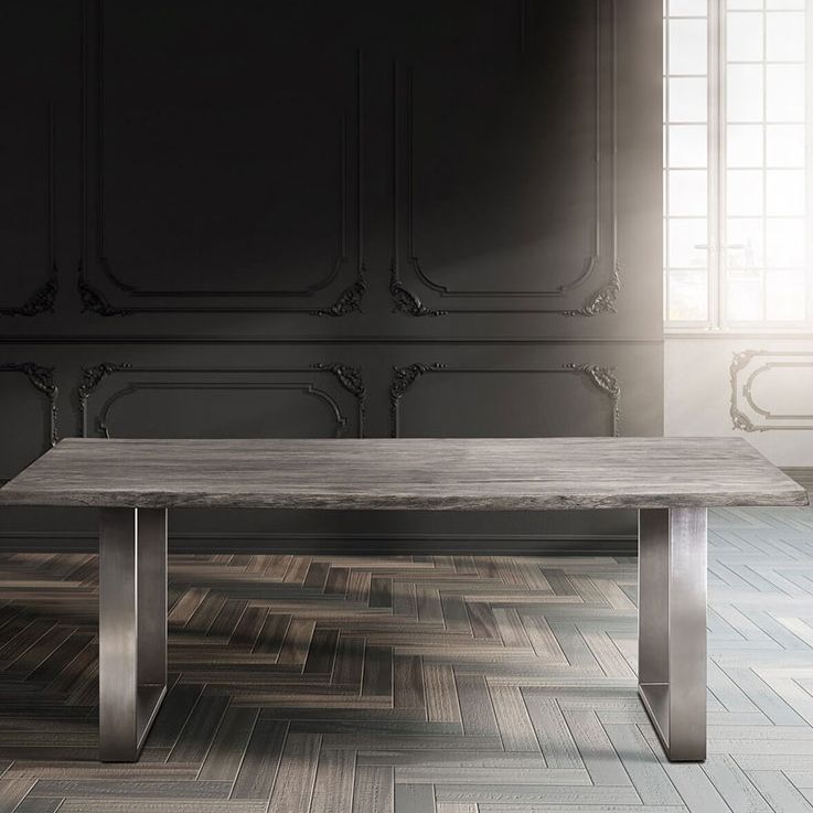 Rectangle Wood Color Dining Table Solid Wood Table Glam Style with Double Pedestal
