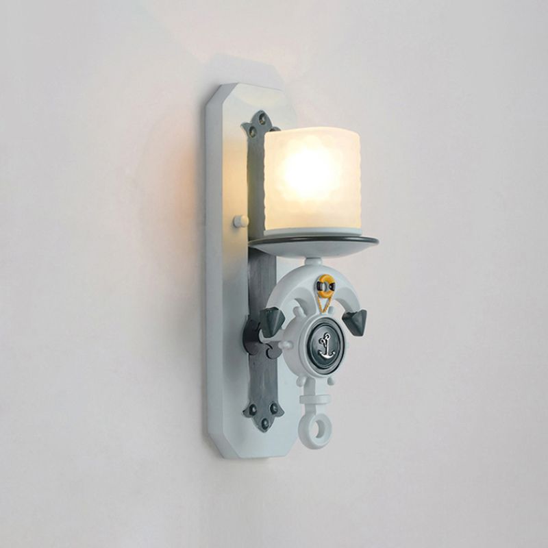 Anchor Arm Wall Lamp Kids Resin 1/2-Bulb Brown/Blue Wall Mount Light Fixture with Cylinder Opal Glass Shade
