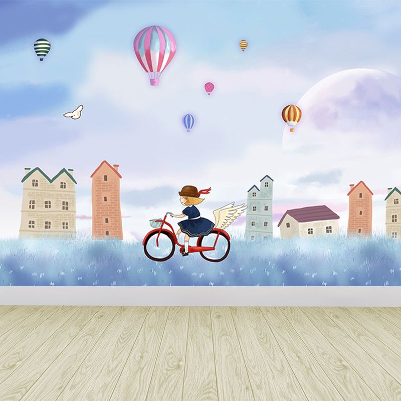 Waterproof Girls Bike Ride Mural Decal Kids Style Non-Woven Fabric Wall Decor, Customized