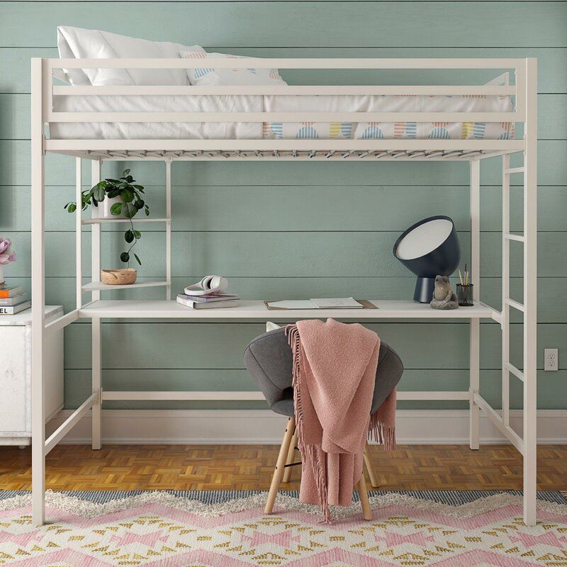 Modern High Loft Bed with Metal Guardrail and Built-In Ladder and Shelves