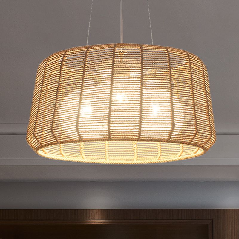 Rope Drum/Teardrop Ceiling Lamp Modern 1 Bulb Hanging Pendant Light in Wood for Living Room
