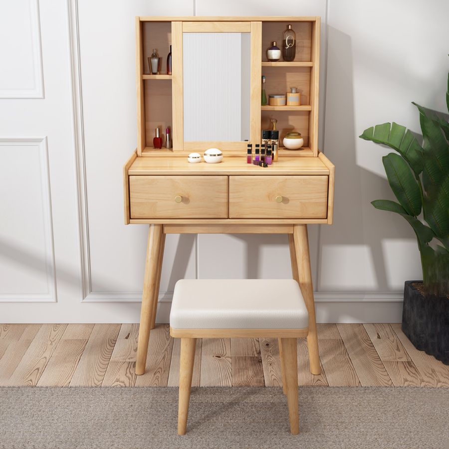 Contemporary 2-Drawer Solid Wood Table Makeup Vanity with Mirror