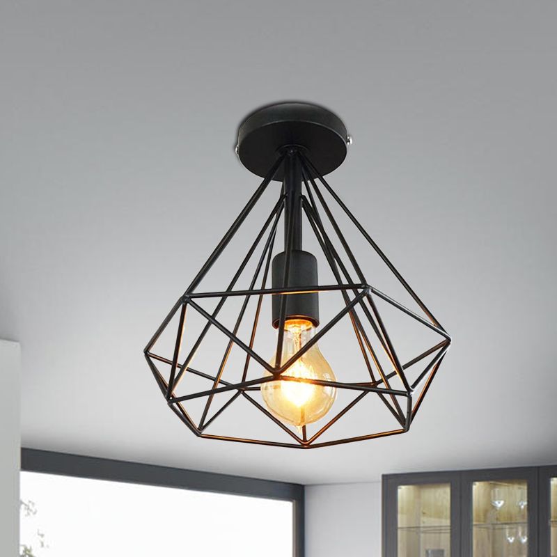 Plafonnier Semi-affleurant à 1 tête, style industriel, Cage en diamant, luminaire de plafond métallique, noir/blanc, pour chambre à coucher