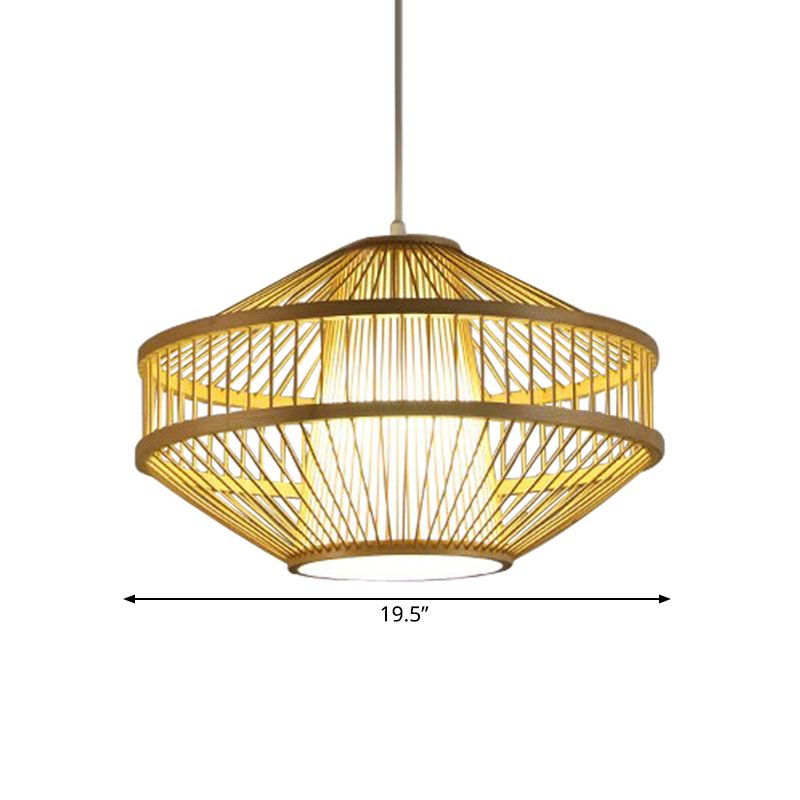 Modernist Style 1 Light Hanging Lamp with Bamboo Shade Beige Open-Weave Suspension Lamp for Restaurant