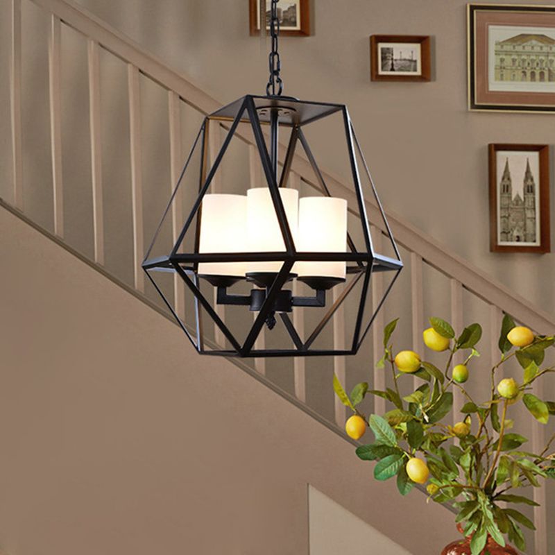 Wrought Iron Black Pendant Light in Industrial Vintage Style Geometric Adjustable Ceiling Light with Iron Frame