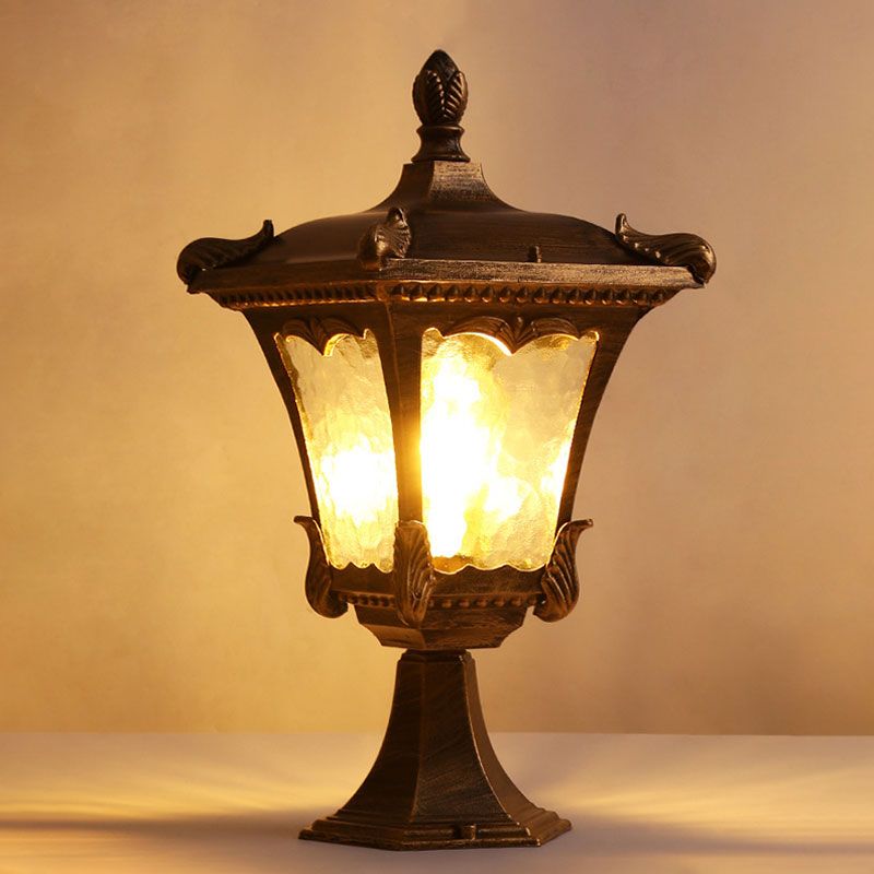 1 Bulb Post Lighting Vintage Flared Square Ripple Glass Landscape Lamp for Outdoor